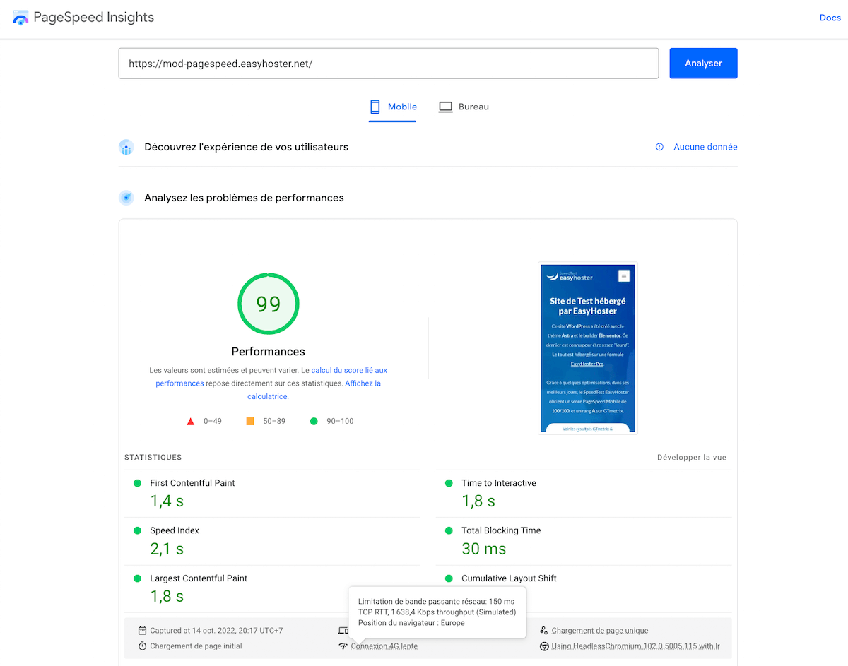 Résultats Google PageSpeed Insights sur Hébergement PageSpeed EasyHoster