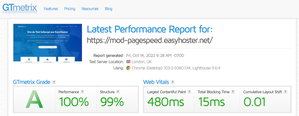 Résultats GTmetrix sur Hébergement PageSpeed EasyHoster
