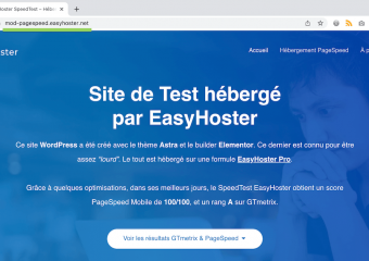 03/36 - Sans autre manipulation, notre sous-domaine se retrouve créé, avec un clone du précédent test speed.easyhoster.net. Ce 1er test était basé sur des optimisations WP Rocket. Ce second site est donc prêt à pouvoir accueillir nos tests du Mod PageSpeed sans WP Rocket.