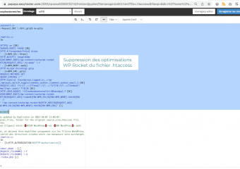 06/36 - WP Rocket nous laisse généreusement ses optimisations “htaccess” pour les caches “navigateur” des fichiers statiques, les headers, etc. Pour ne pas fausser ce second test PageSpeed “sans WP Rocket”, nous supprimons ces optimisations développées par WP Rocket.