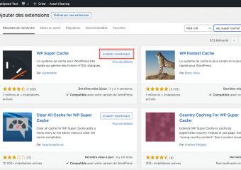 09/36 - Pour résoudre le problème de Temps de Réponse du site (TTFB), un plugin de “file cache” fait partie des indispensables. Nous choisissons “WP Super Cache”, un plugin gratuit et très “standard”, car développé par la société à l'origine de WordPress, Auttomatic.