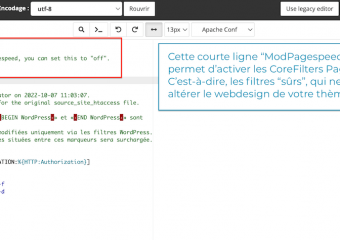 11/36 - Nous disposons d'un système de file cache élémentaire pour réduire le TTFB. Appliquons maintenant les optimisations PageSpeed Modules “de base” (CoreFilters), en activant simplement mod_pagespeed via le fichier htaccess.