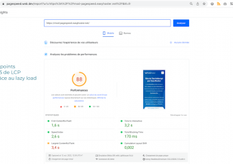 16/36 - Pour notre page, l'activation du chargement différé des images nous permet de gagner 3 points sur PageSpeed et réduit encore un peu plus le temps de chargement ressenti par les mobinautes avec -0,5s de LCP.