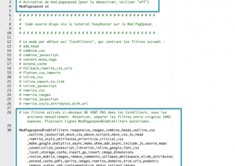 18/36 - Vous reconnaissez la première directive : “ModPagespeed on”. Elle servait à activer les filtres par défaut (CoreFilters). Plus bas, retrouvez l'impressionnante liste de filtres que nous avons choisi d'activer sur notre SpeedTest via ModPagespeedEnableFilters. Suite…