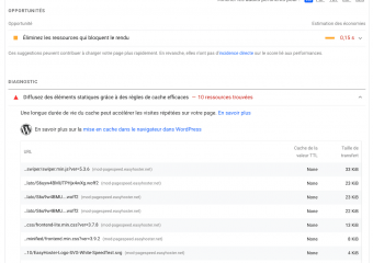 25/36 - De plus, l'avertissement a bien disparu pour les éléments ne possédant par de largeur/hauteur spécifiques. Traitons maintenant l'avertissement sur les règles de cache efficaces pour les fichiers statiques. Ça se passe, encore une fois, dans le fichier htaccess.