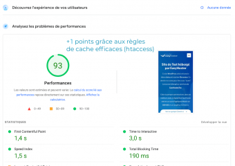 27/36 - Les règles de cache efficaces du htaccess (Expires Headers, Cache-Control…), nous font également gagner 1 joli point (93/100) et fait passer notre LCP sous la barre des 3s sur PageSpeed Mobile !