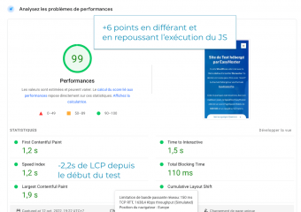 34/36 - Résultats finaux grâce aux “Defer” + “Delay JS” de Meteor + defer_javascript du mod_pagespeed (ou celui d'Asset CleanUp) : 99/100 lors de notre test du 12 octobre. Le chargement et l'exécution du JS en asynchrone nous fait gagner 6 points !